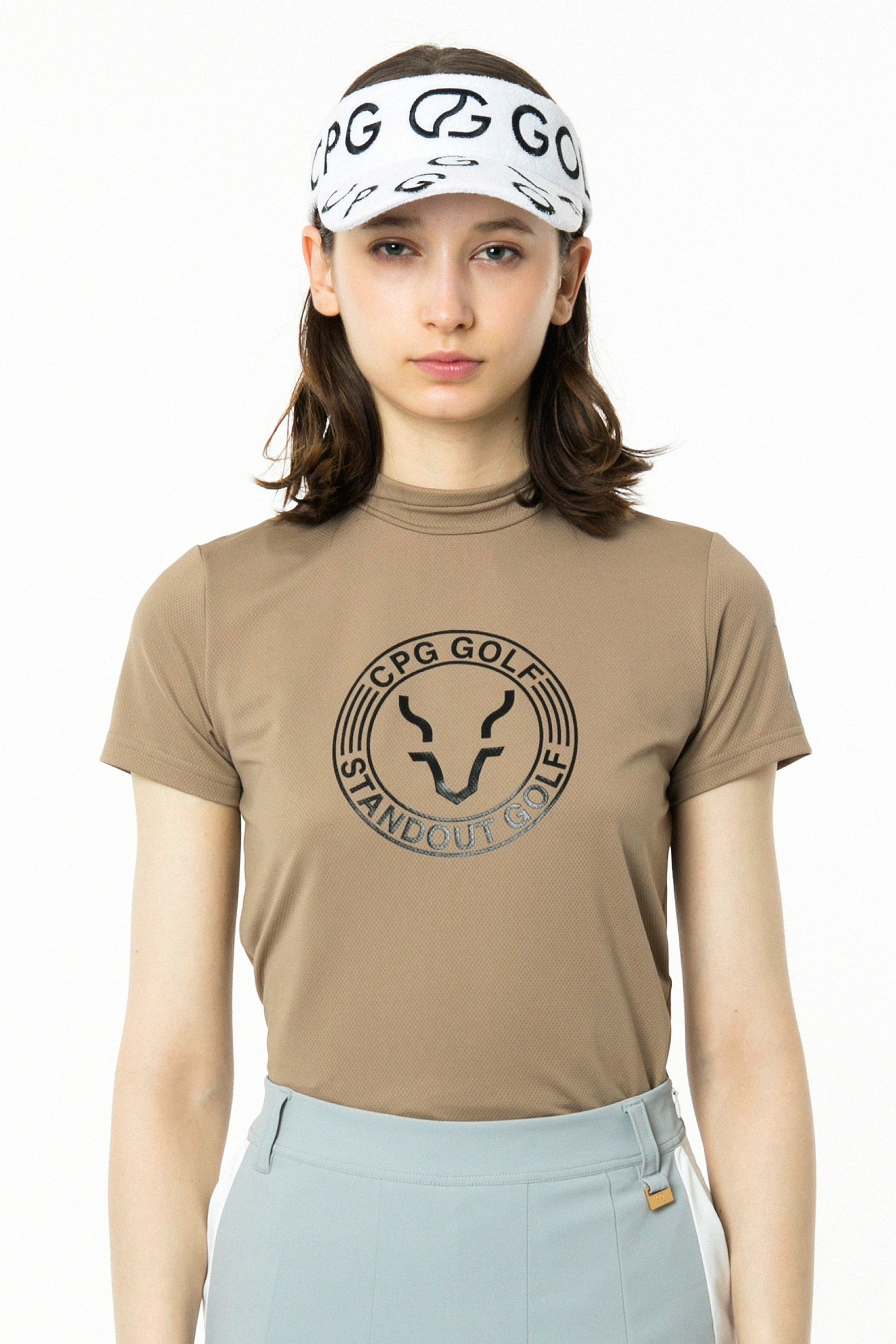 CPG GOLF シーピージーゴルフ ゴルフウェア レディース Tシャツ 半袖 ロゴプリントモックネックショートスリーブモックネックシャツ